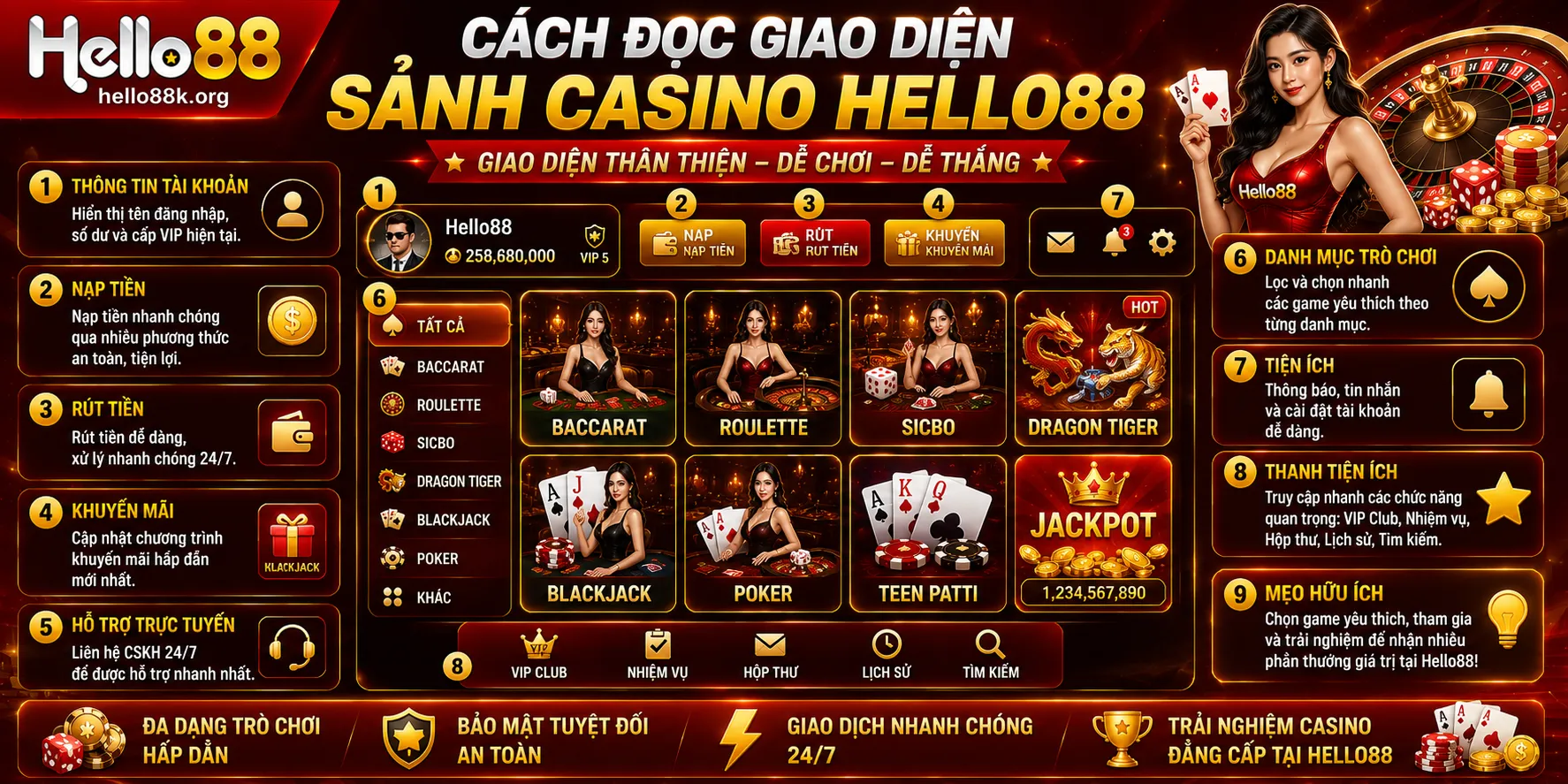 Cách đọc giao diện sảnh Casino Hello88