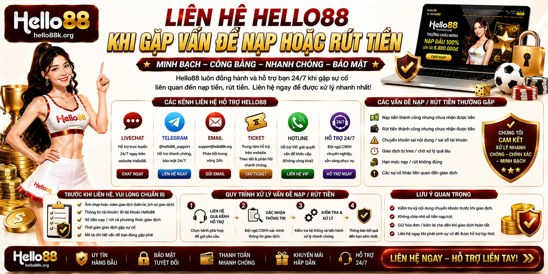 Liên hệ khi gặp vấn đề nạp hoặc rút tiền